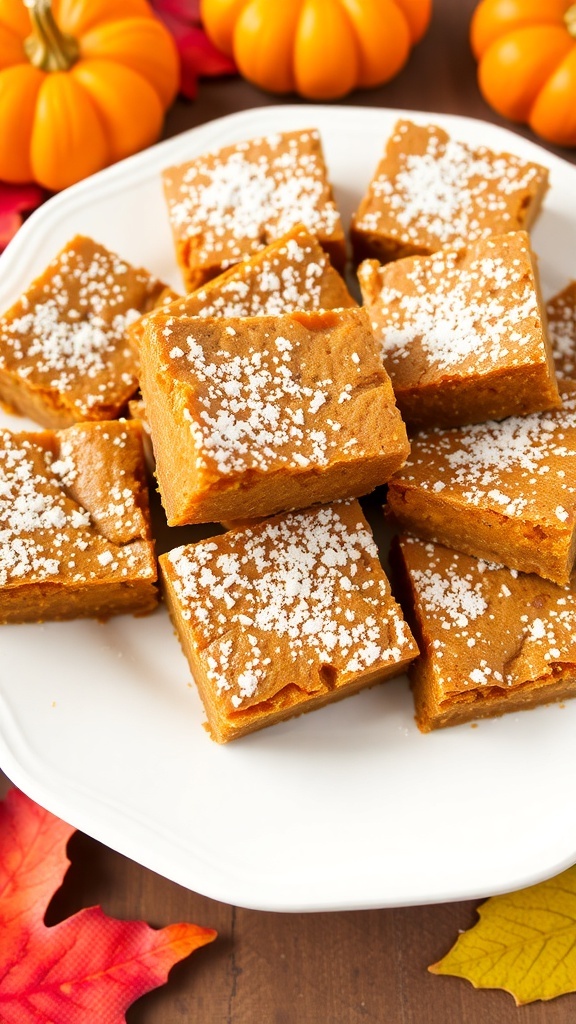 Delicious Pumpkin Bread Bars Recipe Pumpkin bread bars on a plate, dusted with powdered sugar, surrounded by decorative pumpkins.